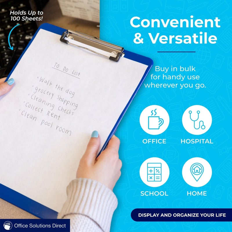 Office Solutions Direct لوح كتابة بلاستيكي أزرق مع مشبك منخفض (عبوة من 6) - لوح بحجم رسالة أزرق مع مشبك مسطح، لوح أكريليك بحجم A4 للأولاد والبنات | لوازم مدرسية لطيفة وجذابة للجامعة والعودة إلى المدرسة - Image 5